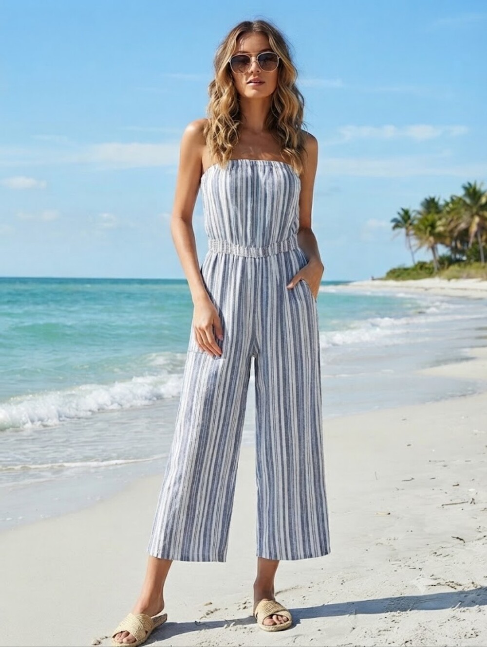 Dynamite Striped Blue & White Strapless Wide-Leg Jumpsuit Size Small to Medium